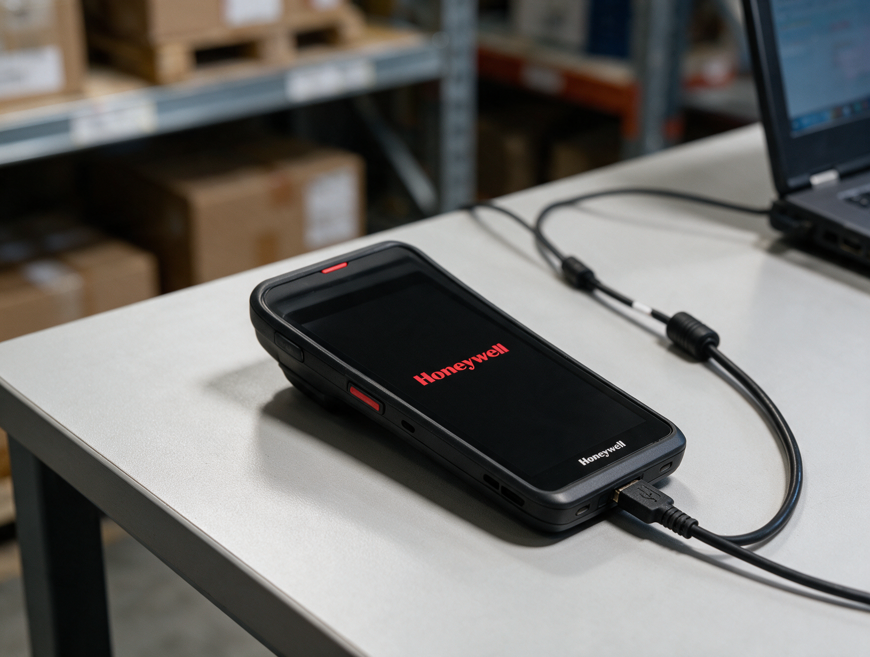 Câble USB-C ScanPal EDA52 branché sur un terminal Honeywell lors d'une intervention terrain